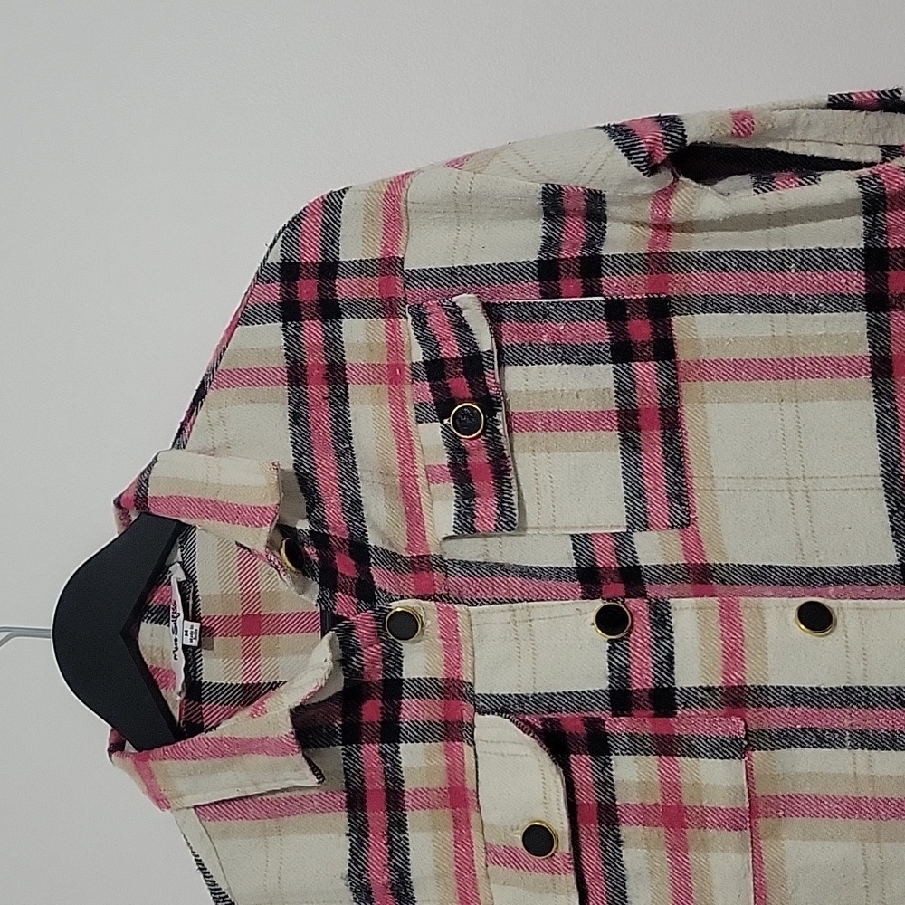 MISS SELFIE WOMEN'S FLANNEL PLAID BUTTON DOWN COLLARD SHAKET SHIRT  PIN… - Picture 8 of 11
